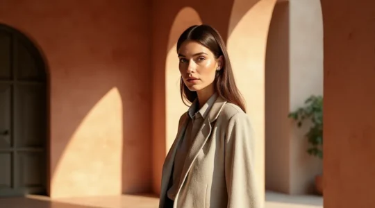 Una donna elegantemente vestita in un outfit monocromatico che esemplifica l'armonia dei colori e delle texture nel fashion italiano.