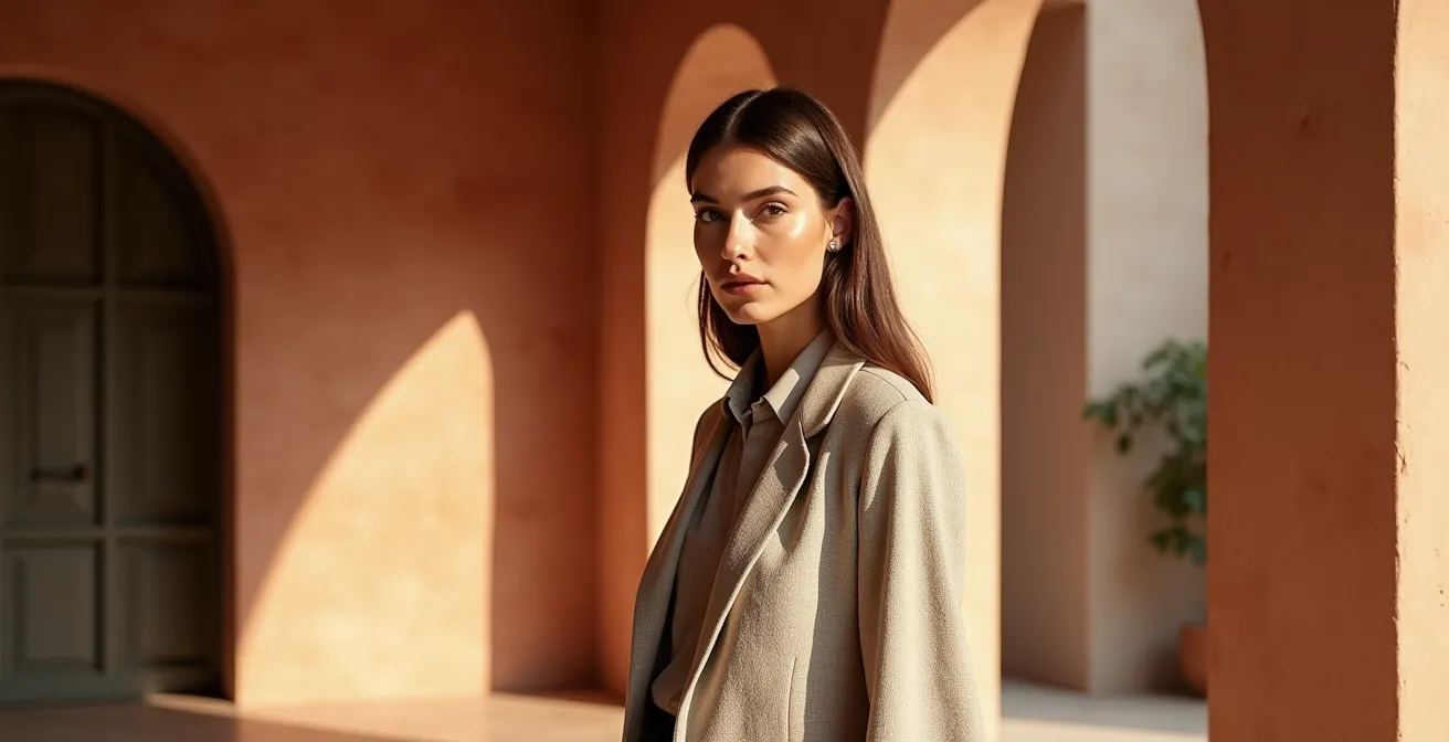 Una donna elegantemente vestita in un outfit monocromatico che esemplifica l'armonia dei colori e delle texture nel fashion italiano.