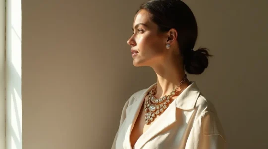 Una donna elegante italiana indossa un gioiello statement importante che trasforma il suo outfit minimalista, rappresentando l'arte di usare un pezzo per definire lo stile personale.