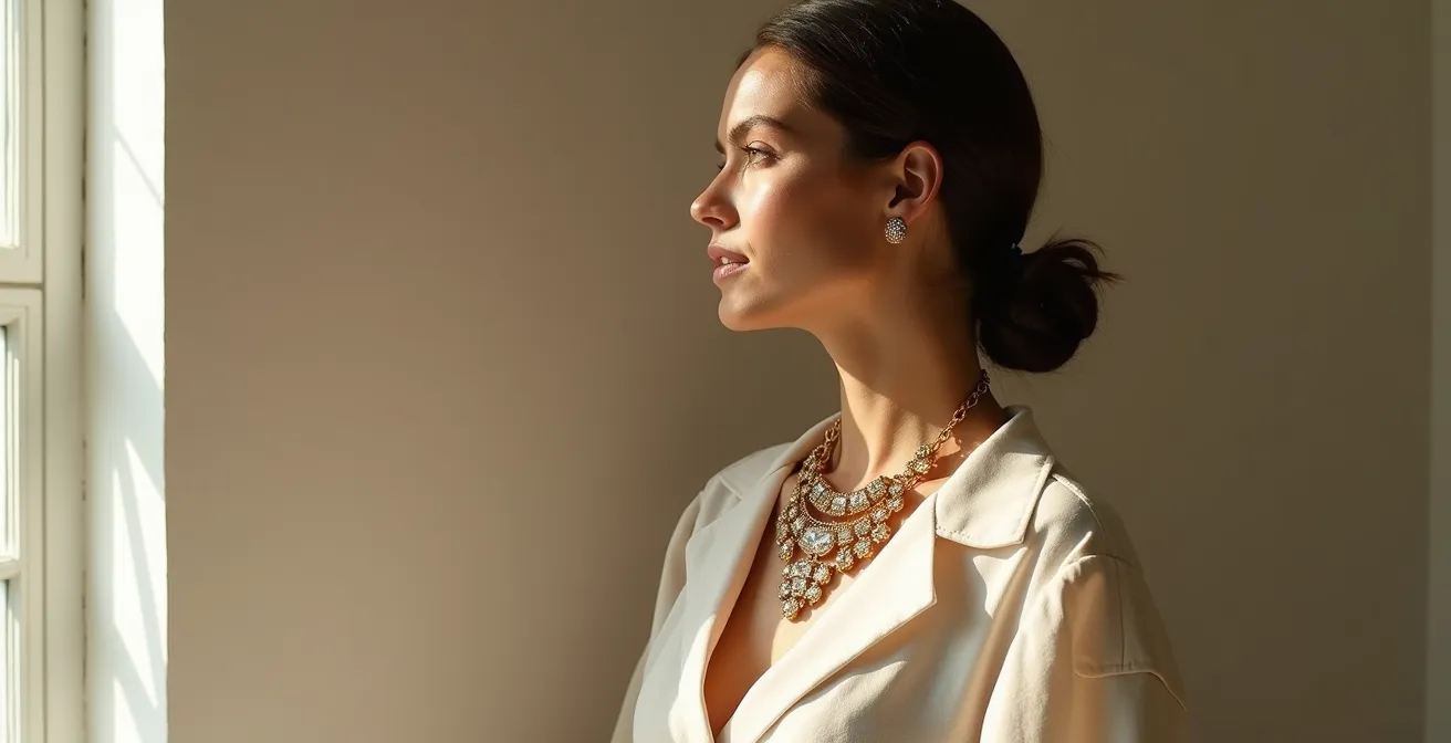 Una donna elegante italiana indossa un gioiello statement importante che trasforma il suo outfit minimalista, rappresentando l'arte di usare un pezzo per definire lo stile personale.