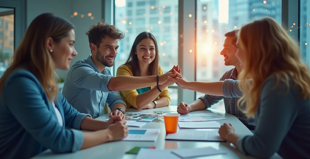 Una visualizzazione di persone impegnate in diverse attività di allenamento e sviluppo delle soft skills: comunicazione, empatia, problem solving e lavoro di squadra in un ambiente dinamico e collaborativo.