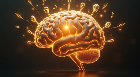 Illustrazione di un cervello illuminato con simboli artistici e letterari che rappresentano l'arte come allenamento mentale e cultura.