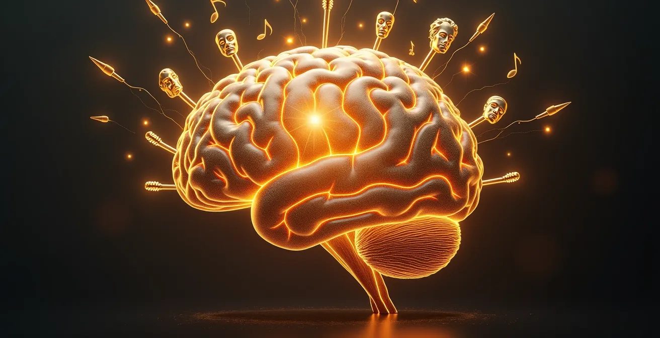 Illustrazione di un cervello illuminato con simboli artistici e letterari che rappresentano l'arte come allenamento mentale e cultura.