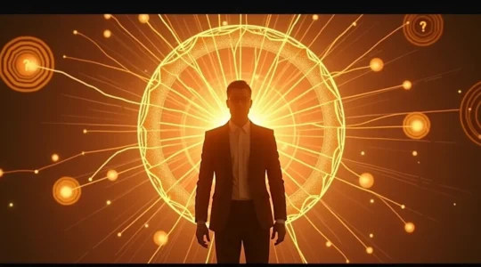 Un individuo circondato da simboli di pensiero critico e protezione mentale, con uno scudo trasparente che respinge disinformazione e fallacie logiche