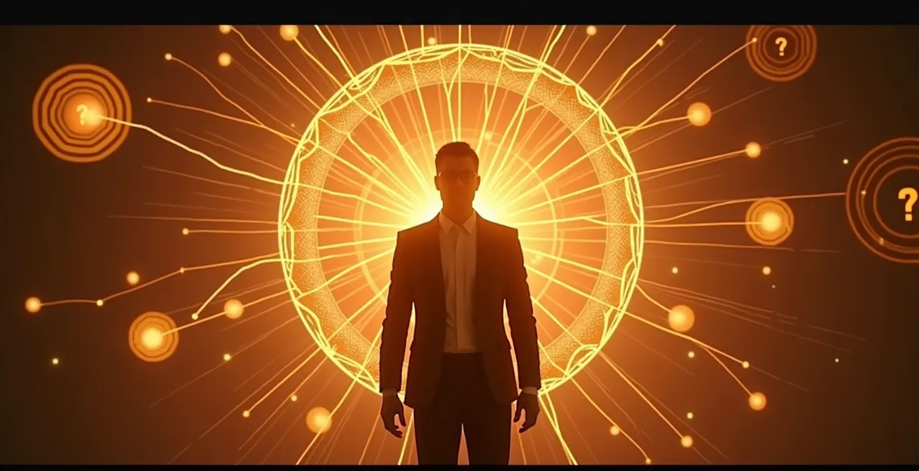 Un individuo circondato da simboli di pensiero critico e protezione mentale, con uno scudo trasparente che respinge disinformazione e fallacie logiche