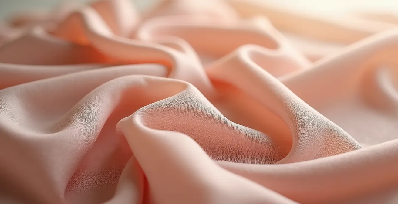 Primo piano macro di diversi tessuti italiani - seta, lino, viscosa - che scorrono naturalmente, rivelando come la qualità e la caduta del materiale possono valorizzare diverse forme del corpo senza costringerle.