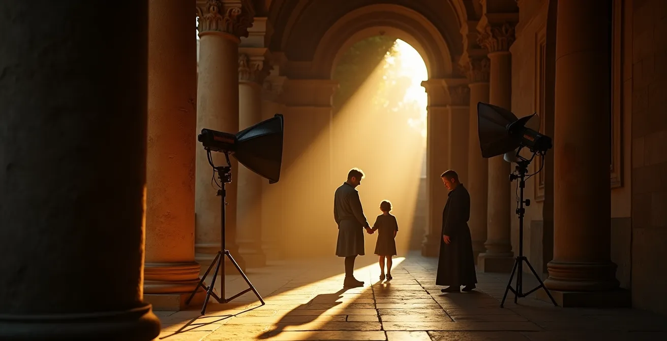 Una composizione che mostra l'influenza del chiaroscuro caravaggesco nel cinema italiano contemporaneo