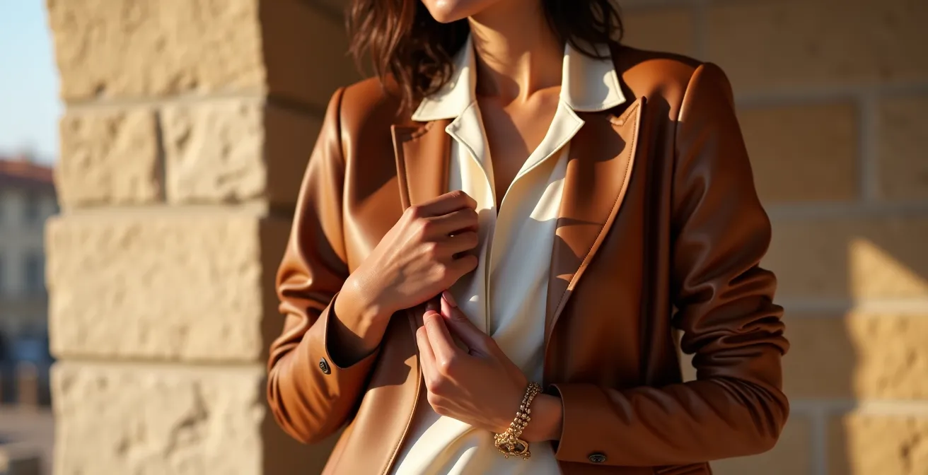 Dettaglio di un outfit italiano che contrasta texture di pelle e seta con luce naturale