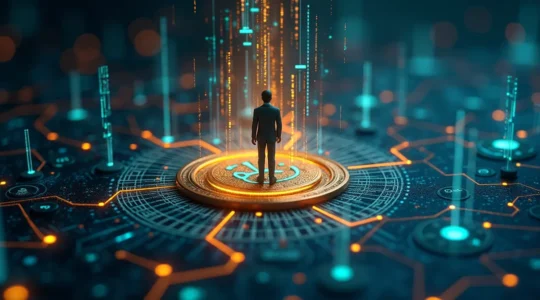 Un'illustrazione che mostra i dati personali trasformati in moneta, con simboli di protezione patrimoniale e gestione del valore digitale