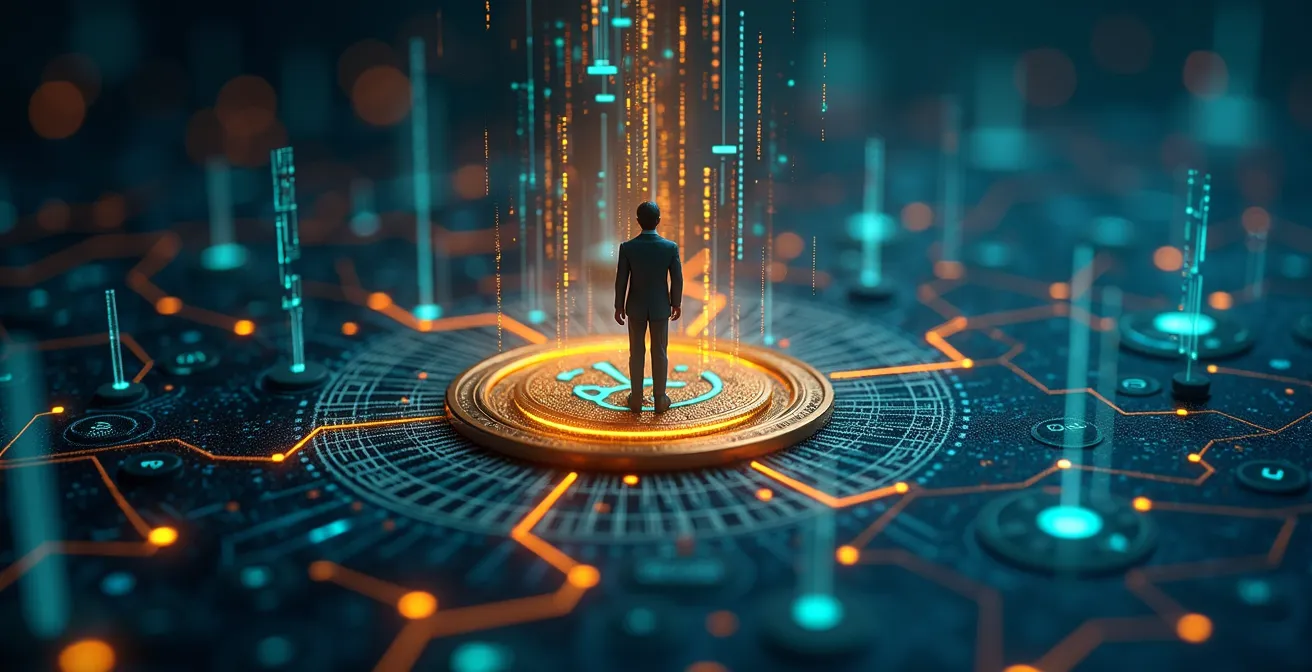 Un'illustrazione che mostra i dati personali trasformati in moneta, con simboli di protezione patrimoniale e gestione del valore digitale