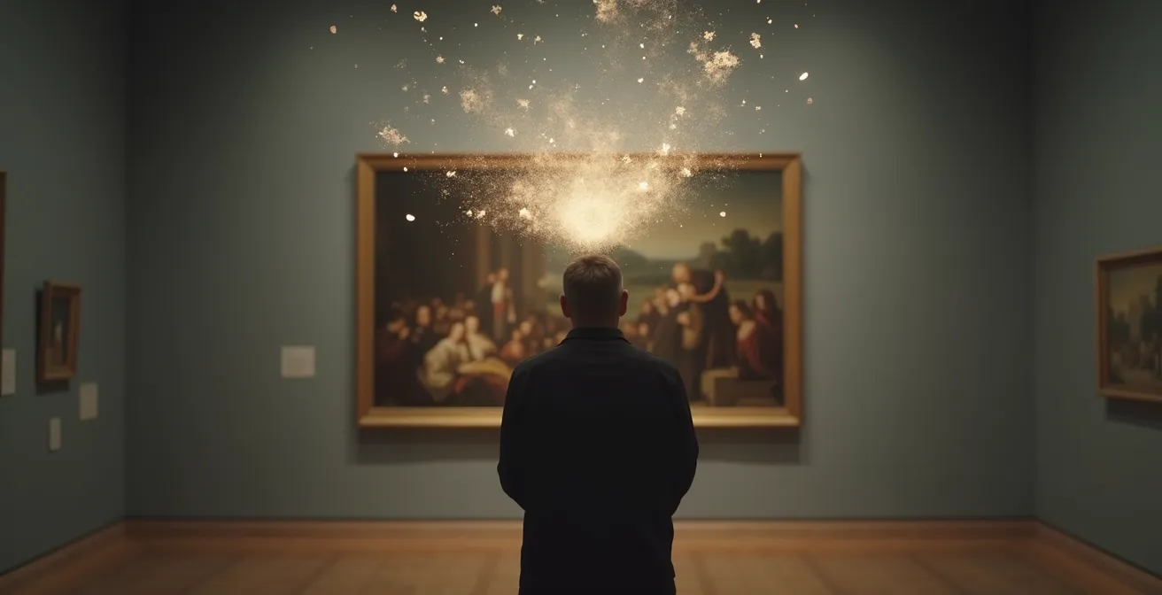 Illustrazione che mostra uno spettatore davanti a un'opera d'arte in contemplazione, simbolo del dialogo interiore.