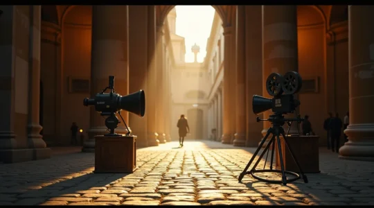 Una scena cinematografica italiana dal taglio artistico che mostra il processo creativo dietro la realizzazione di un film