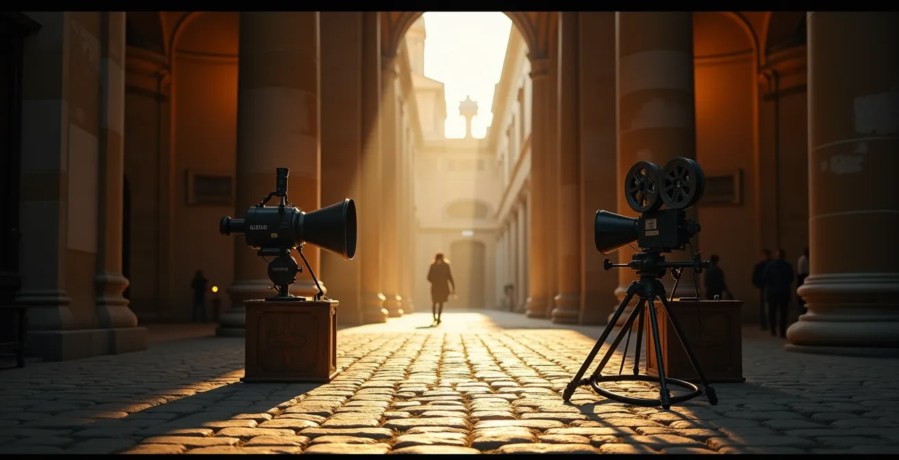 Una scena cinematografica italiana dal taglio artistico che mostra il processo creativo dietro la realizzazione di un film