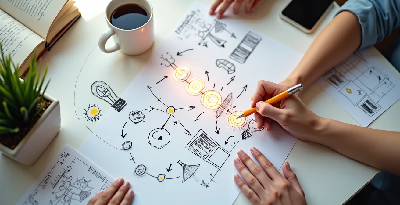 Una mano disegna scarabocchi che si trasformano in idee innovative, a simboleggiare il processo di visual thinking.