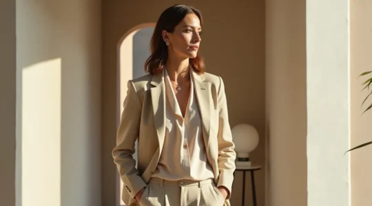 Donna elegante ritratta in posa naturale, che indossa abiti che riflettono il suo stile personale autentico, con lo sfondo di un'architettura italiana moderna.