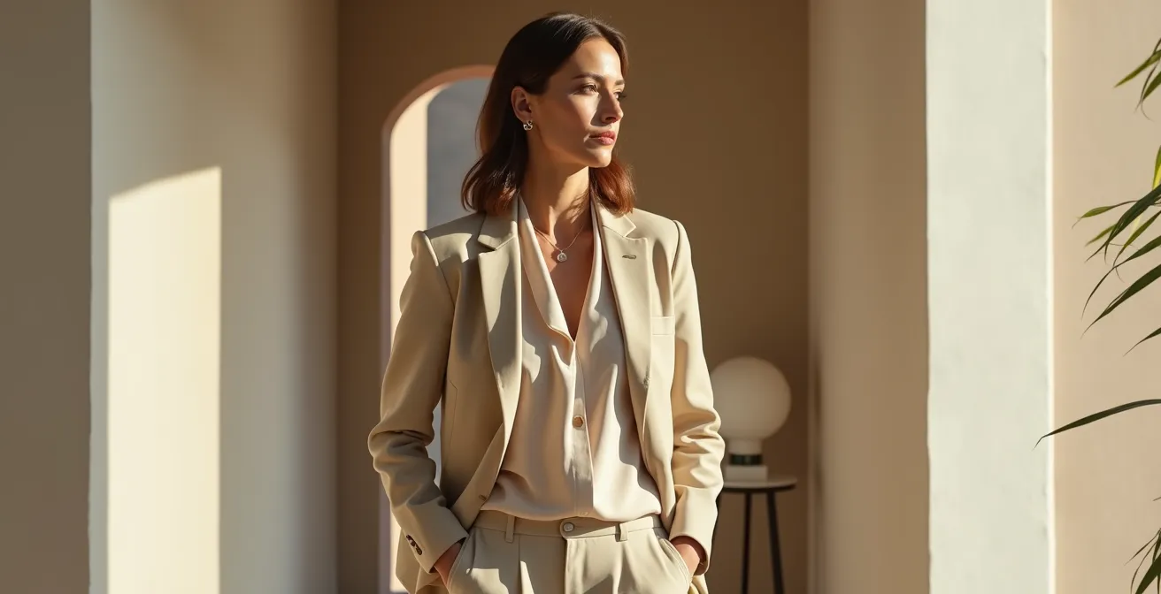 Donna elegante ritratta in posa naturale, che indossa abiti che riflettono il suo stile personale autentico, con lo sfondo di un'architettura italiana moderna.