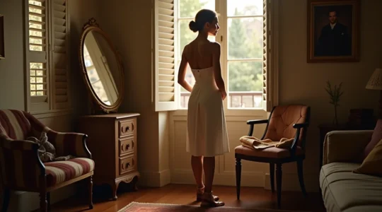 Donna italiana che osserva se stessa con consapevolezza e autenticità, circondata da dettagli di qualità artigianale italiana che riflettono il suo stile personale unico e raffinato.