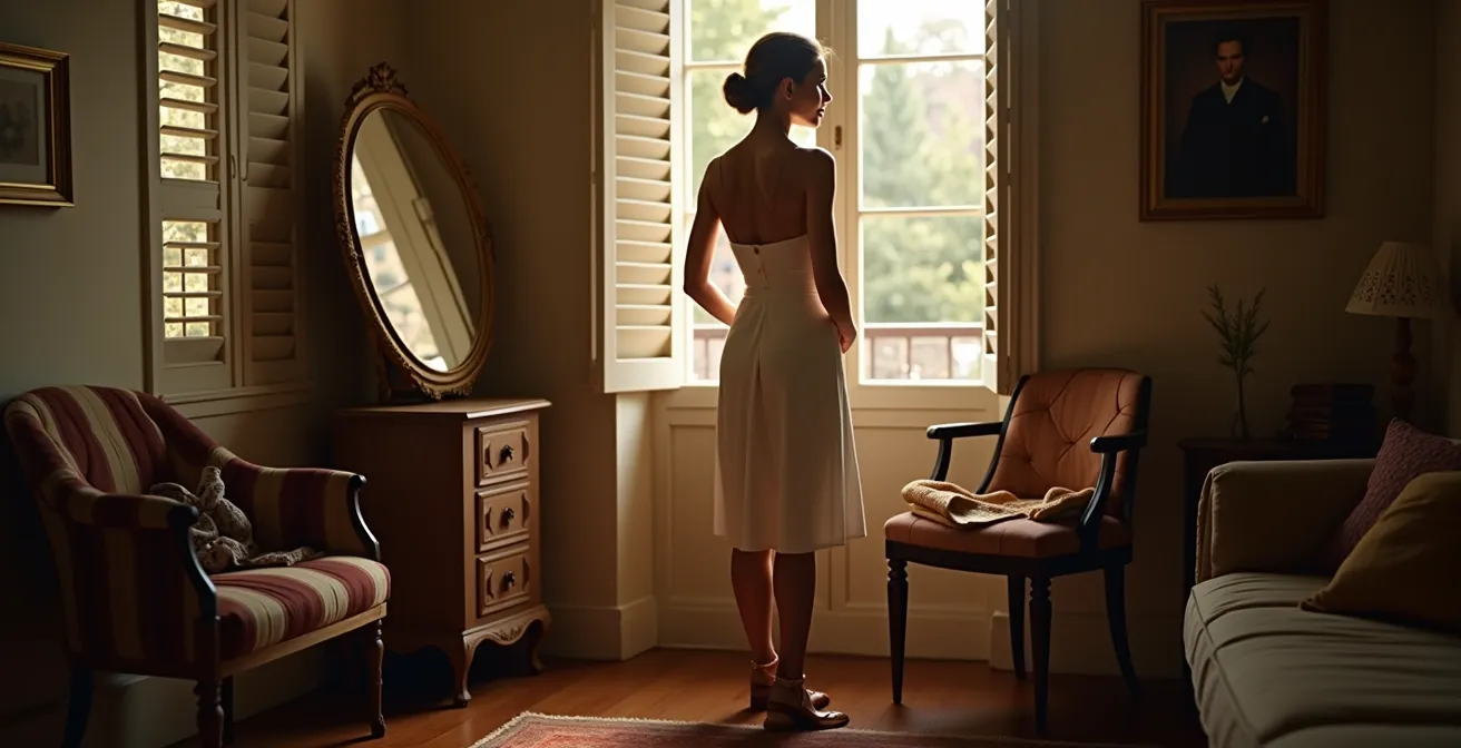 Donna italiana che osserva se stessa con consapevolezza e autenticità, circondata da dettagli di qualità artigianale italiana che riflettono il suo stile personale unico e raffinato.