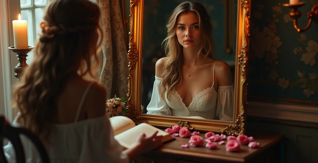 Illustrazione che rappresenta la lotta interiore di Emma Bovary tra la realtà provinciale e le aspirazioni romantiche idealizzate.