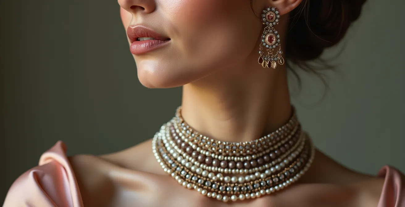 Una donna che applica il metodo Sofia Loren: gioielli importanti bilanciati da un trucco occhi intenso ma labbra naturali e capelli raccolti, dimostrando un equilibrio elegante.
