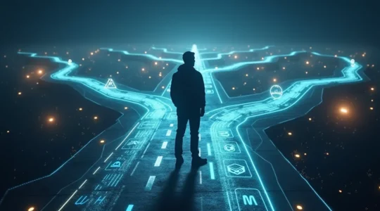 Una persona in piedi di fronte a un incrocio di sentieri luminosi che rappresentano le diverse possibilità di carriera nel futuro del lavoro digitale e dell'intelligenza artificiale.
