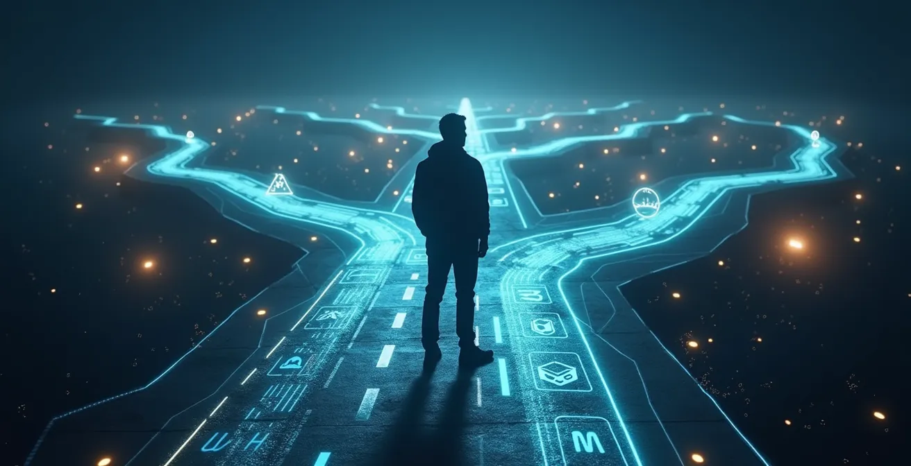 Una persona in piedi di fronte a un incrocio di sentieri luminosi che rappresentano le diverse possibilità di carriera nel futuro del lavoro digitale e dell'intelligenza artificiale.