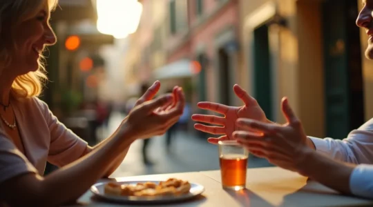 Una persona gestisce con eleganza la comunicazione attraverso gesti, sguardi e linguaggio del corpo in un contesto urbano italiano