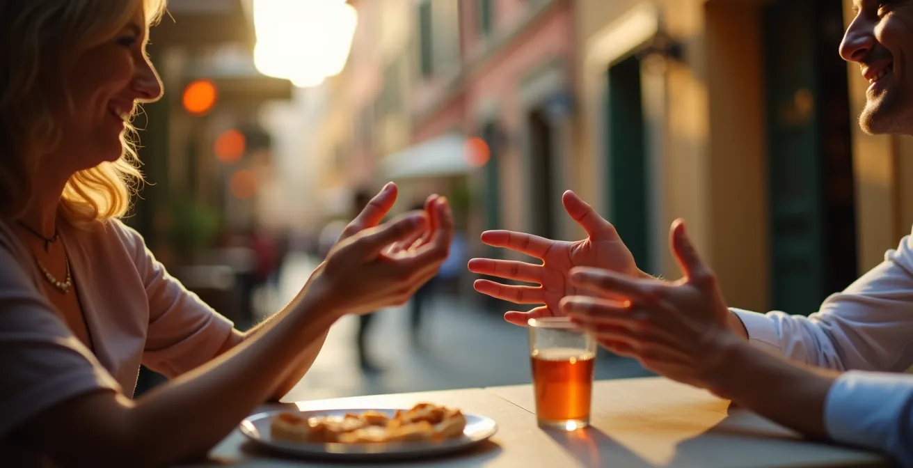 Una persona gestisce con eleganza la comunicazione attraverso gesti, sguardi e linguaggio del corpo in un contesto urbano italiano