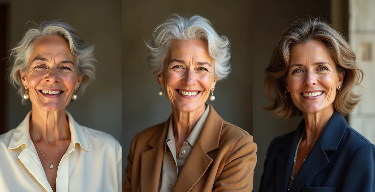 Ritratto composito di donne italiane over 50-60 (Benedetta Barzini, Ornella Muti, Monica Bellucci) in diversi contesti: eleganza in biancheria, sofisticatezza nel dettaglio, naturalezza nel portamento.