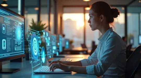 Un professionista collabora con un assistente di intelligenza artificiale nel suo ambiente di lavoro moderno, rappresentando la trasformazione positiva della tecnologia umana.