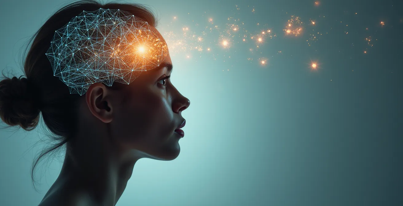 Una mente umana che si trasforma da una forma chiusa e ristretta a una forma esplosiva e ramificata, simbolo dello sblocco della capacità di trovare soluzioni innovative