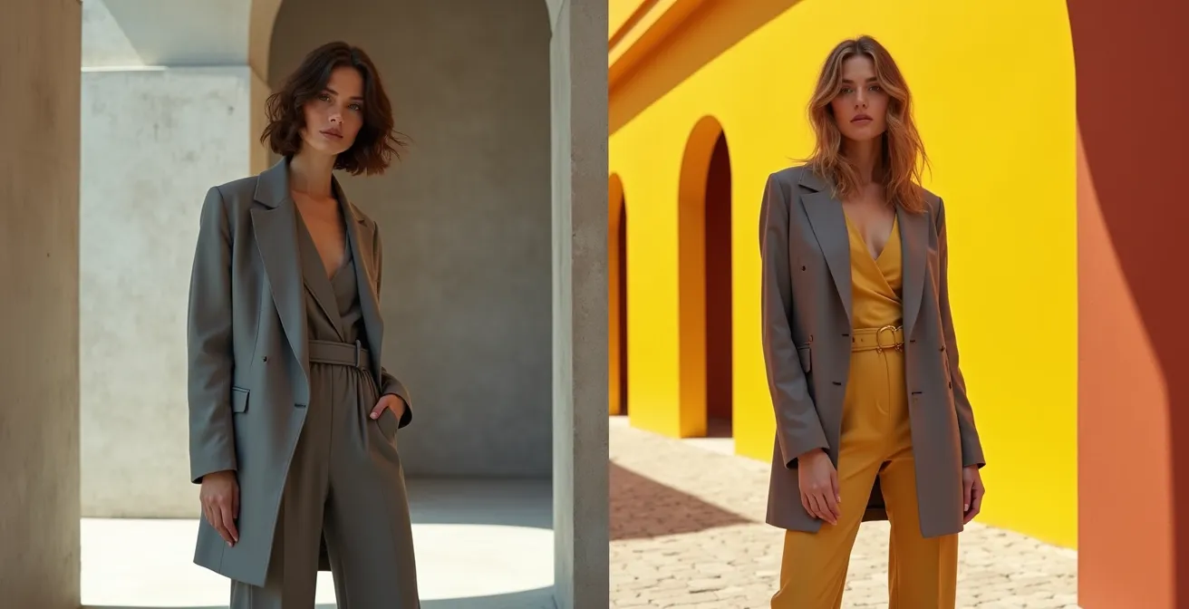 Una composizione visiva che contrappone due stili: a sinistra, un outfit monocromatico minimalista in tonalità di grigio con texture variegate; a destra, un outfit color block vibrante con blocchi di colore blu, giallo e arancio geometricamente definiti.