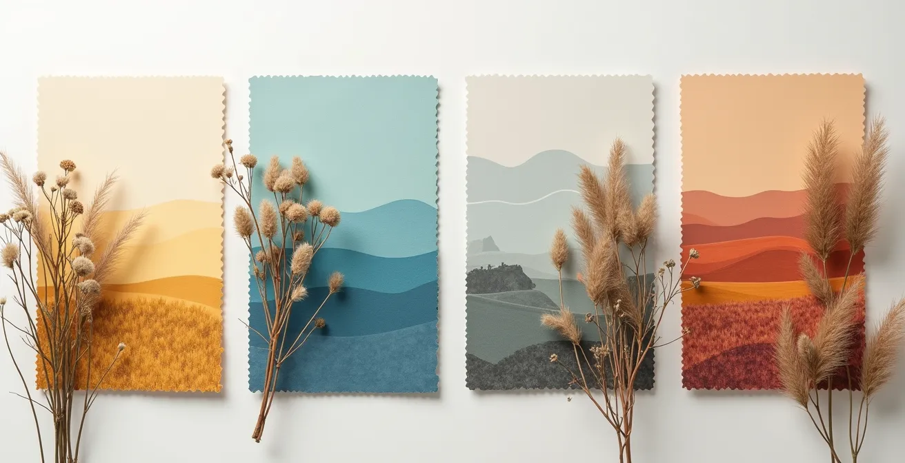 Rappresentazione visiva delle quattro palette di colori dell'armocromia accanto ai paesaggi italiani che le ispirano: le Langhe in autunno, l'arte caravaggiesca in inverno, i cieli di Positano in estate.