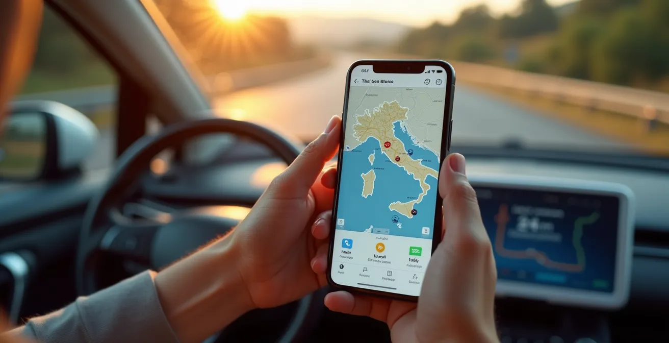 Smartphone che mostra app di pianificazione viaggio per auto elettrica con mappa colonnine e percorso ottimizzato