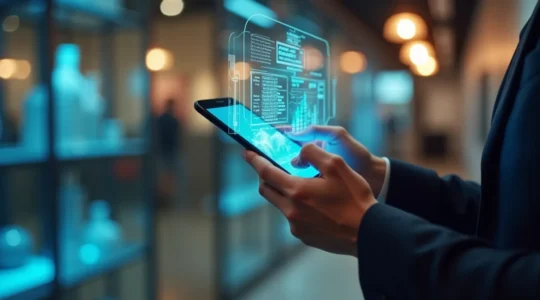 Visualizzazione della realtà aumentata che sovrappone elementi digitali al mondo reale, mostrando come la tecnologia integra informazioni nel campo visivo di una persona