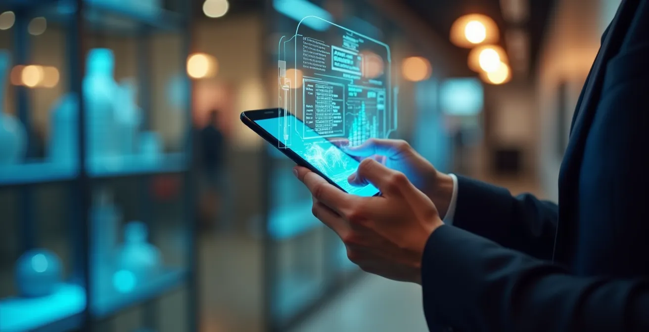 Visualizzazione della realtà aumentata che sovrappone elementi digitali al mondo reale, mostrando come la tecnologia integra informazioni nel campo visivo di una persona