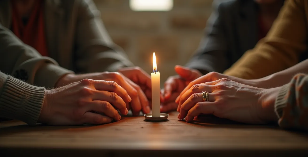 Mani di diverse generazioni che si incontrano attorno a una candela accesa, con lo sfondo di uno spazio di riunione intimo illuminato