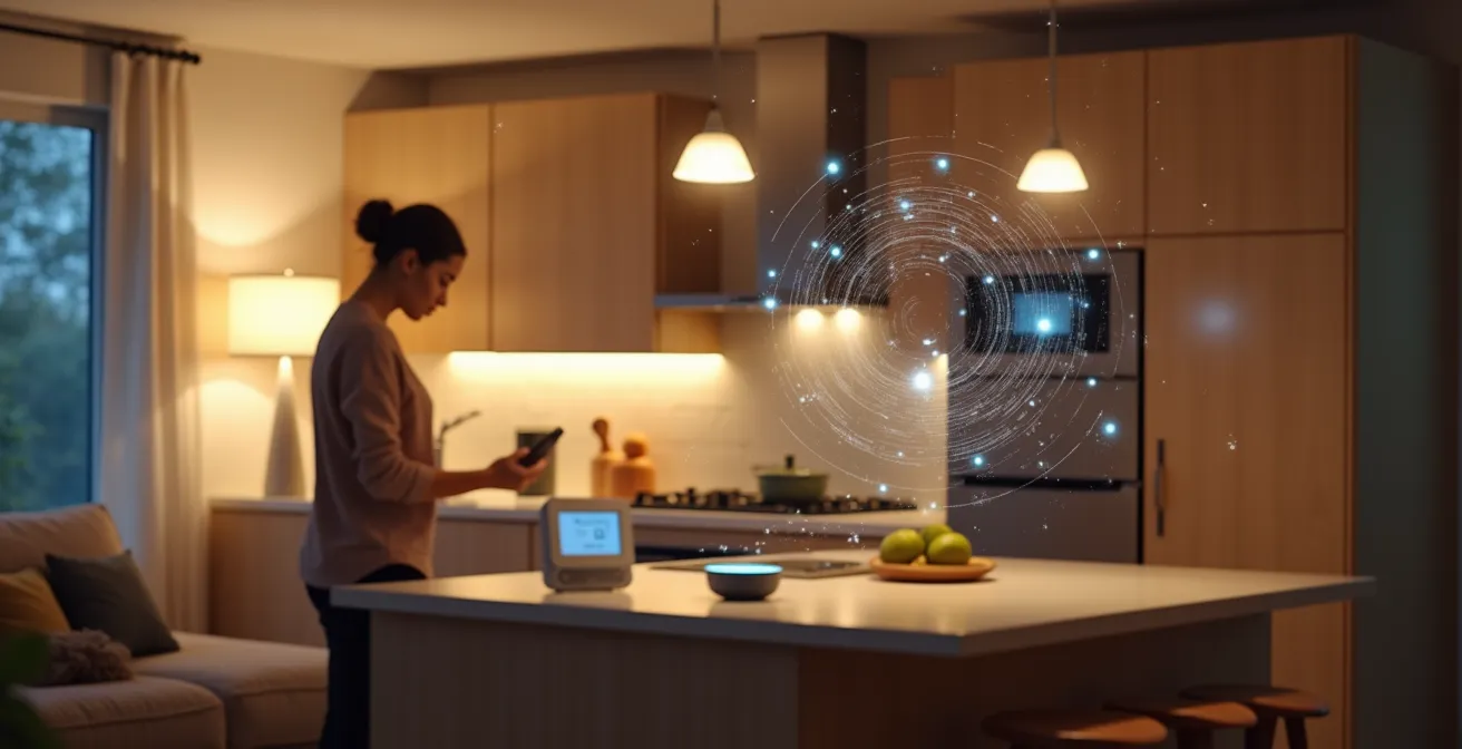 Una casa intelligente con dispositivi che raccolgono dati silenziosamente mentre una famiglia vive la propria vita quotidiana