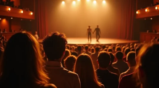 Un momento teatrale dal vivo che cattura l'intensità dell'esperienza condivisa tra attori e pubblico