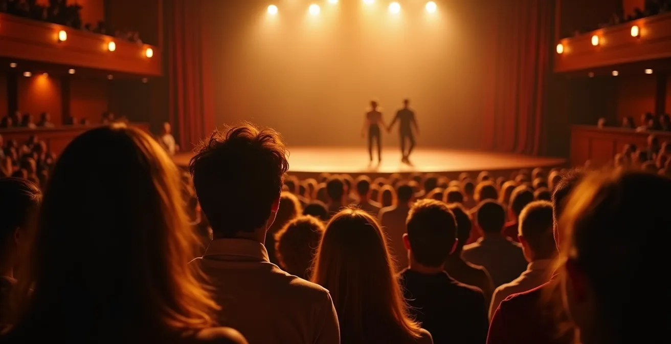 Un momento teatrale dal vivo che cattura l'intensità dell'esperienza condivisa tra attori e pubblico