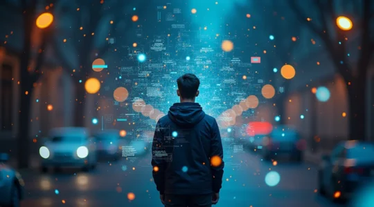 Illustrazione simbolica che rappresenta la tecnologia integrata nella vita quotidiana, con algoritmi e dati che guidano scelte invisibili