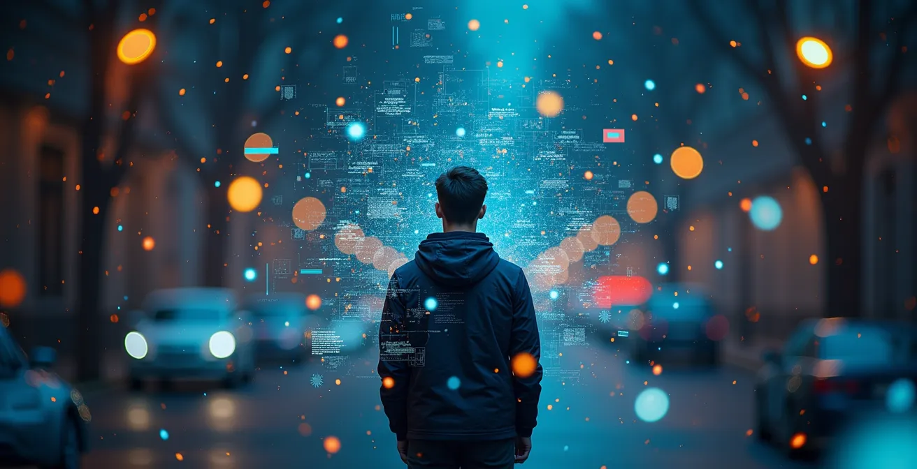 Illustrazione simbolica che rappresenta la tecnologia integrata nella vita quotidiana, con algoritmi e dati che guidano scelte invisibili