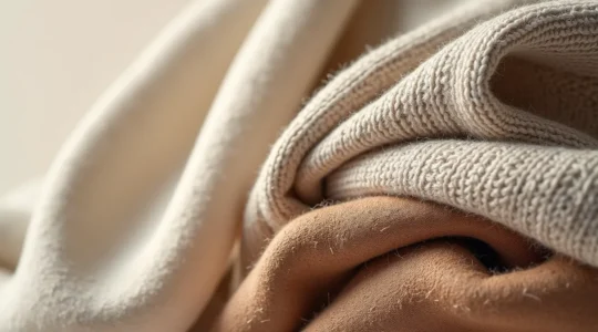 Composizione di tessuti italiani con diverse texture in tonalità neutre che si intrecciano armoniosamente