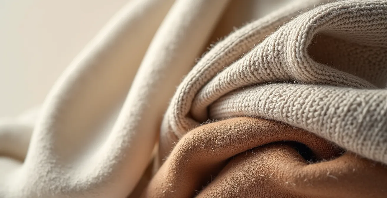 Composizione di tessuti italiani con diverse texture in tonalità neutre che si intrecciano armoniosamente