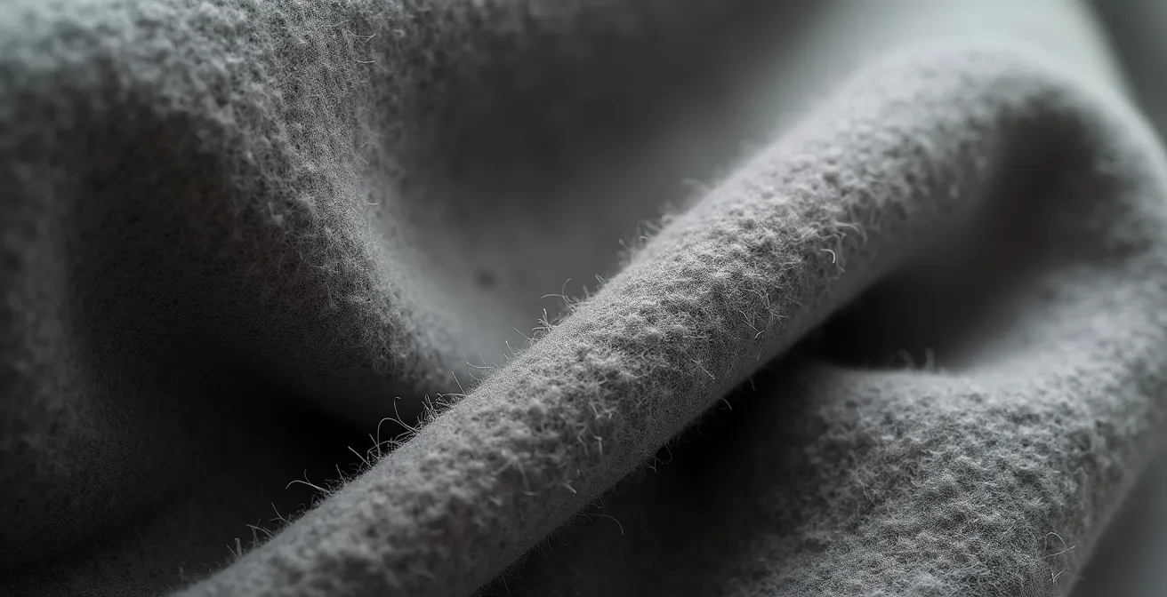 Un dettaglio macro di un outfit monocromatico in tonalità di grigio: cashmere pettinato, seta satinata, lana cardata, e pelle italiana, tutti in grigio ma con texture visibilmente diverse e tattili.