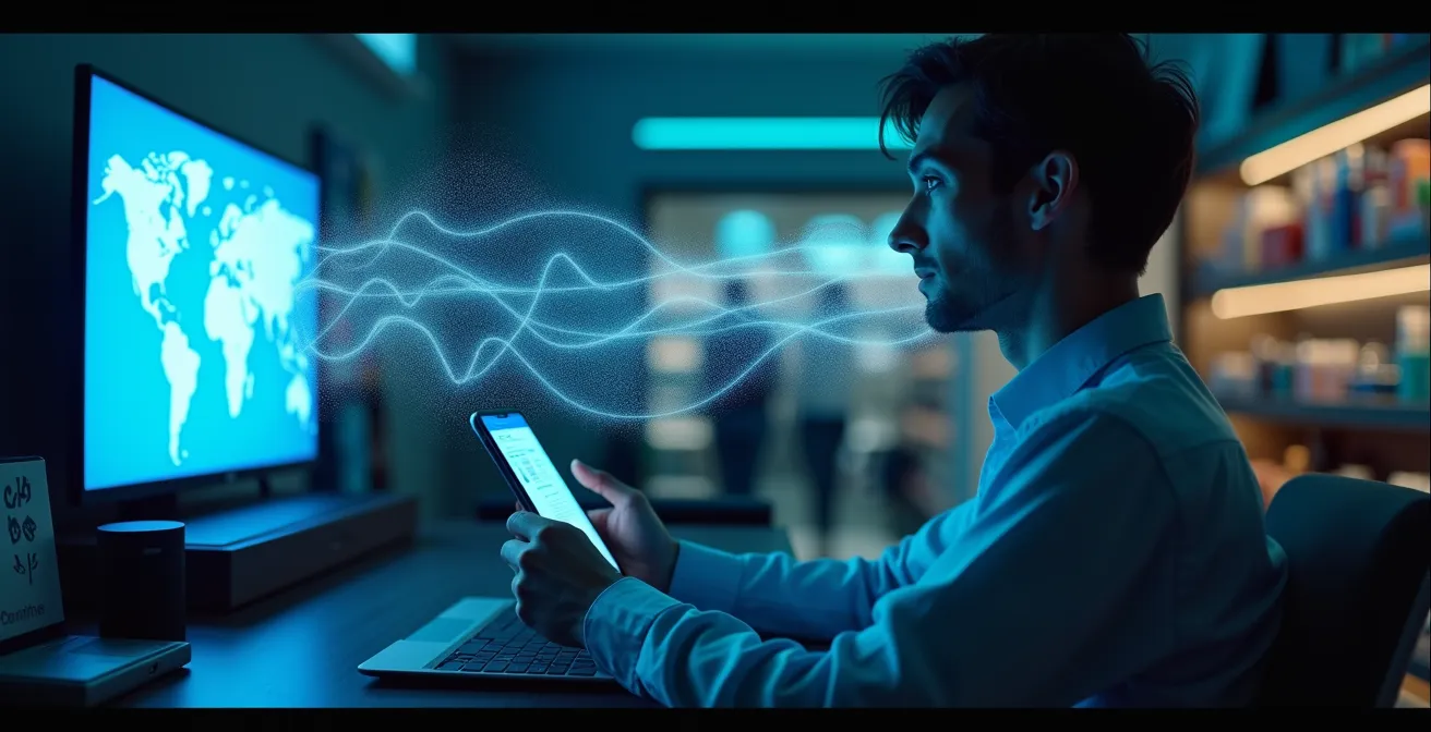 Rappresentazione visiva di beacon ultrasonici invisibili che collegano TV, smartphone e negozi fisici in una rete di tracciamento silenzioso