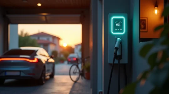 Scena di vita quotidiana con auto elettrica collegata a wallbox domestica in garage moderno italiano