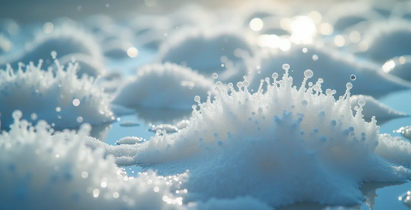 Dettaglio macro di bolle che emergono da acqua termale sulfurea con depositi minerali bianchi sulle rocce