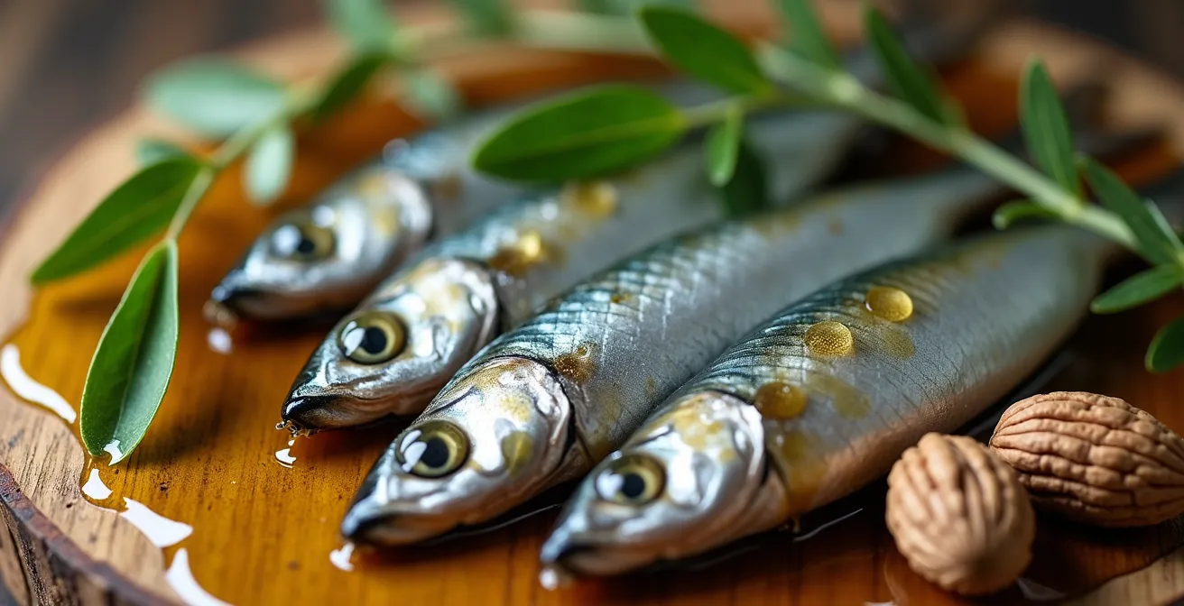 Dettaglio ravvicinato di pesce azzurro, olio EVO, verdure a foglia verde e noci su tavolo di legno