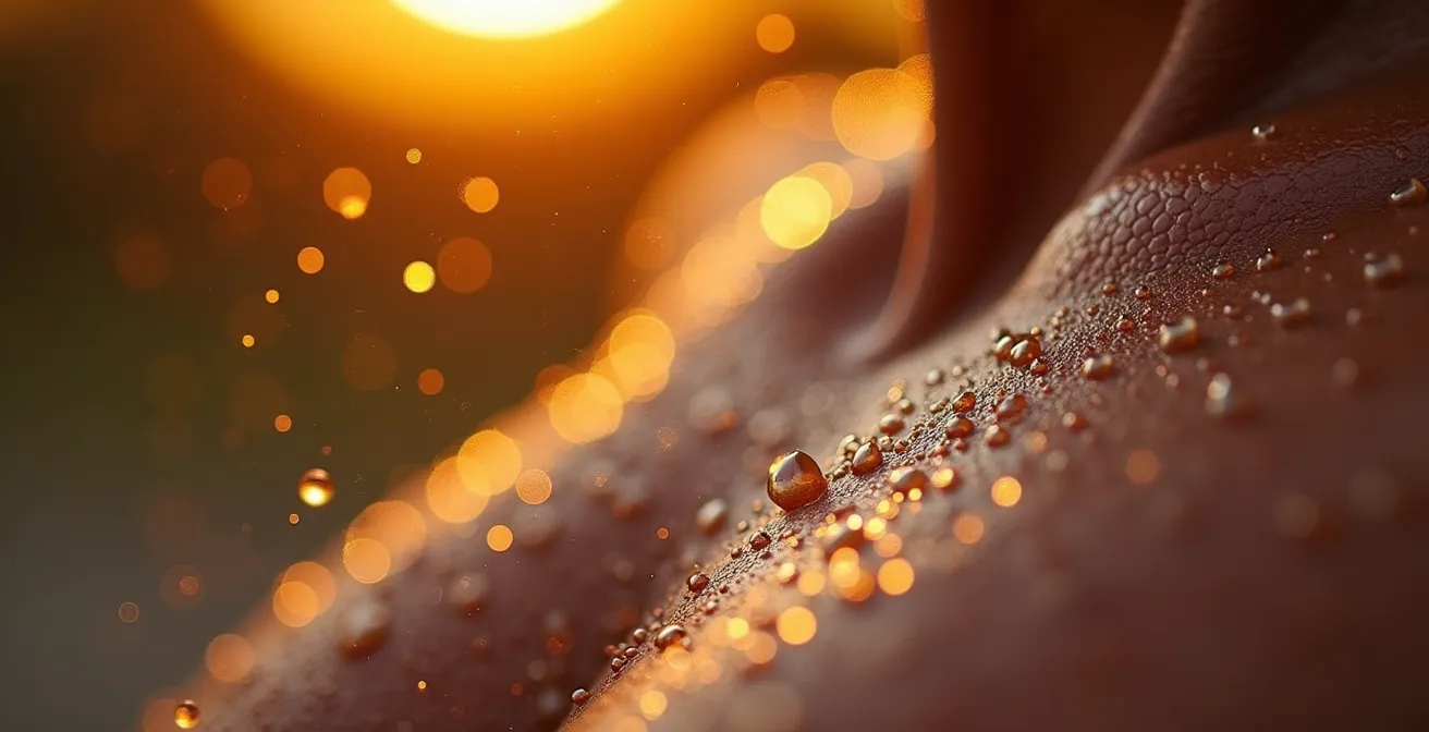 Macro dettaglio di sudore su pelle durante esercizio intenso